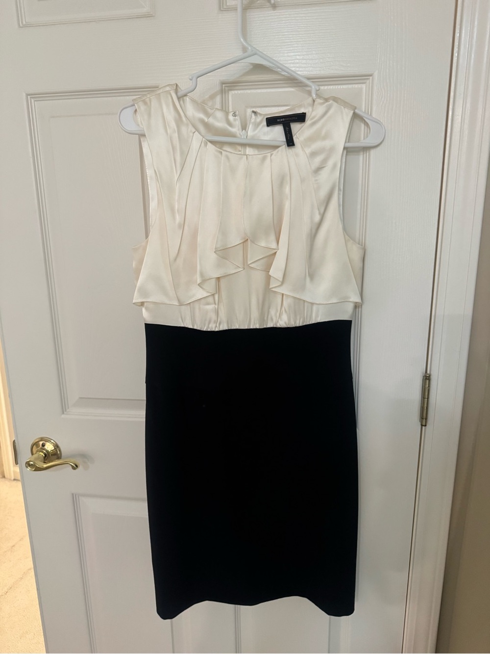 BCBGMaxAzria Cream and Black Ruffle Sheath Midi Dress